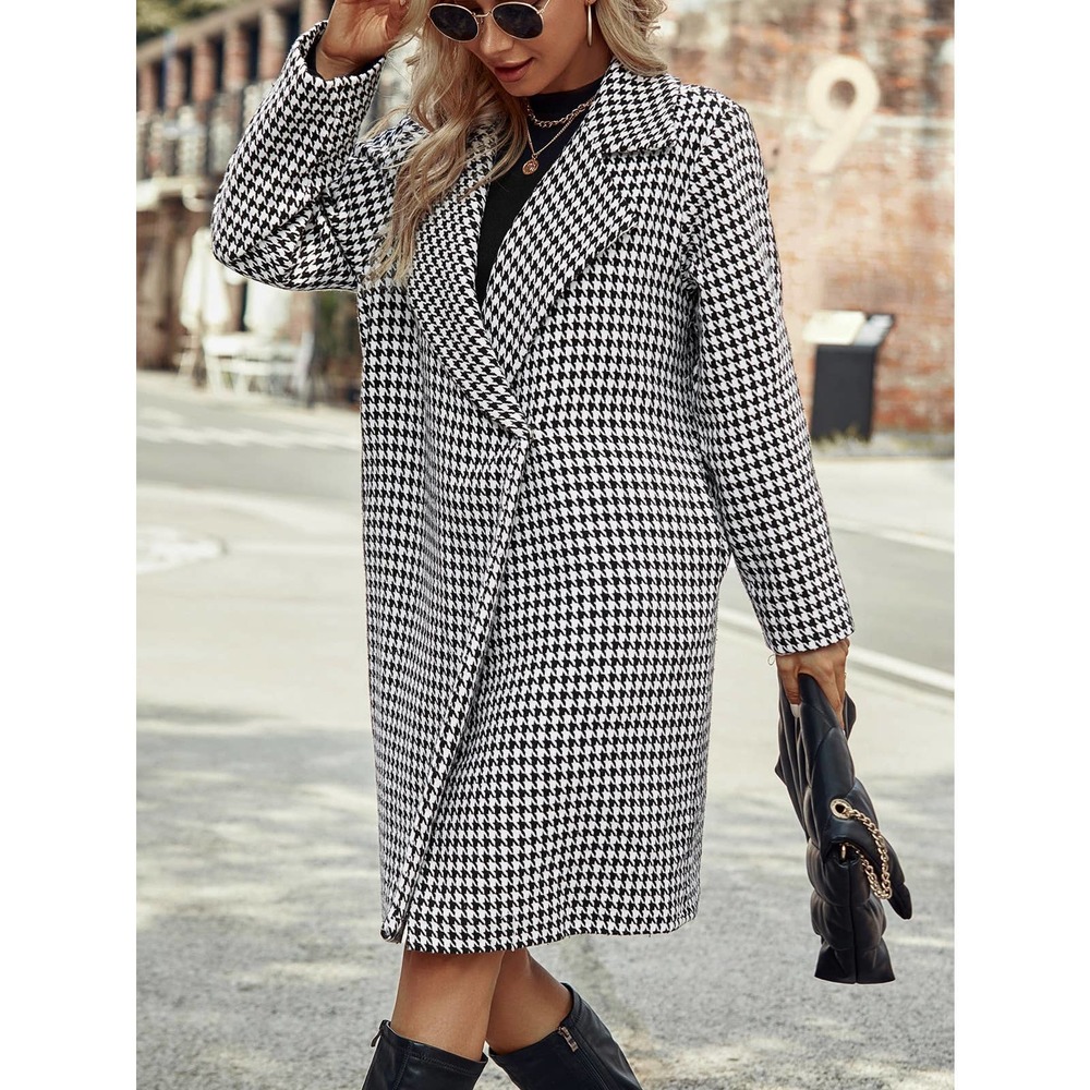 Houndstooth Lapel Collar Double Button Overcoat pea coat - Picture 4 of 6